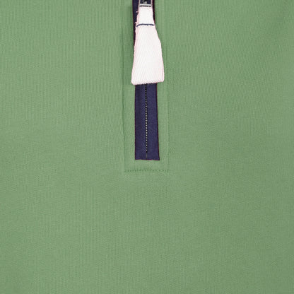 Close-up view of the logo on the 1/4 zip of a womens Lazy Jacks LJ3 zip neck sweatshirt in Samphire Green.