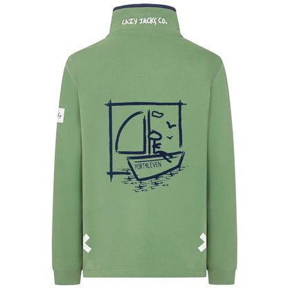 Main view of a womens Lazy Jacks LJ3 zip neck sweatshirt in Samphire Green, featuring a Porthleven, Cornwall and sailboat print on the back.