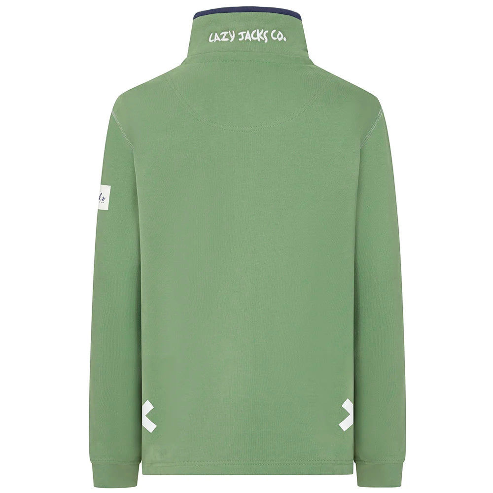Back view of a womens Lazy Jacks LJ3 zip neck sweatshirt in Samphire Green.