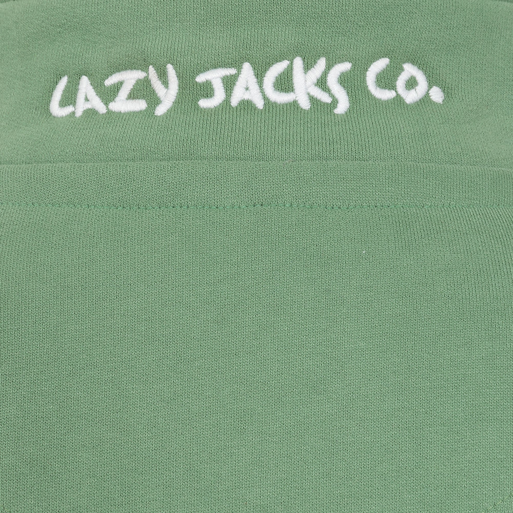 Close-up view of the logo on the back of the collar of a womens Lazy Jacks LJ3 zip neck sweatshirt in Samphire Green.