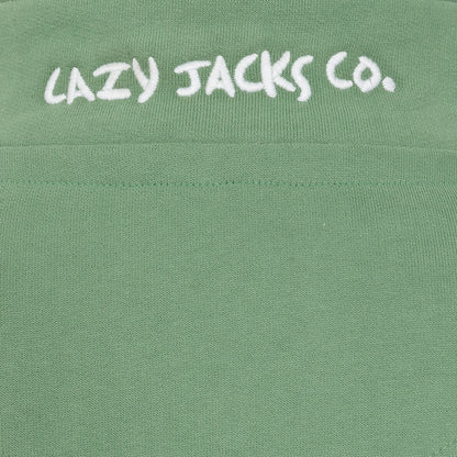 Close-up view of the logo on the back of the collar of a womens Lazy Jacks LJ3 zip neck sweatshirt in Samphire Green.