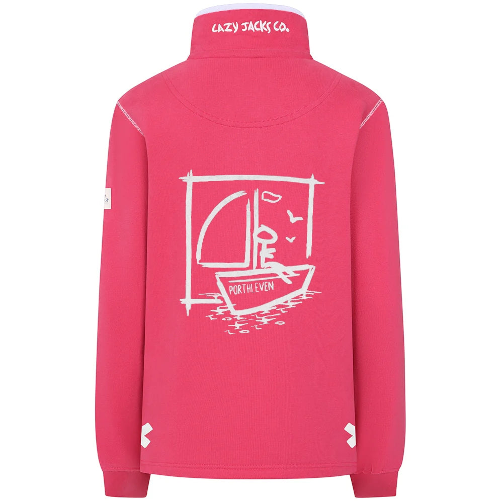Main view of a womens Lazy Jacks LJ3 zip neck sweatshirt in cherry red/pink with white graphic design on the back, featuring a sailboat and Porthleven, Cornwall place name.