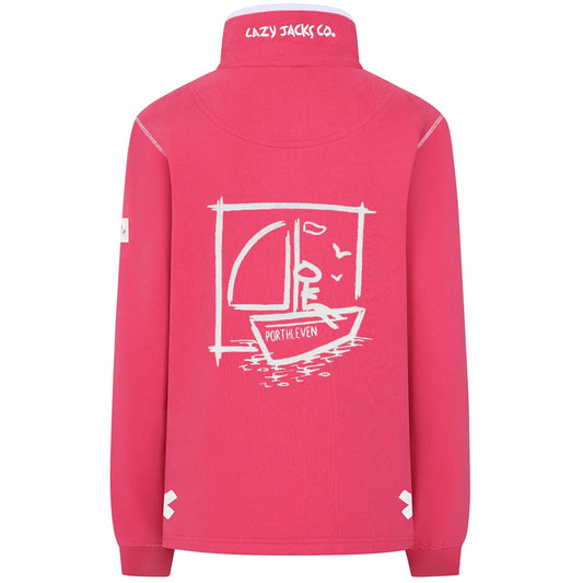 Main view of a womens Lazy Jacks LJ3 zip neck sweatshirt in cherry red/pink with white graphic design on the back, featuring a sailboat and Porthleven, Cornwall place name.