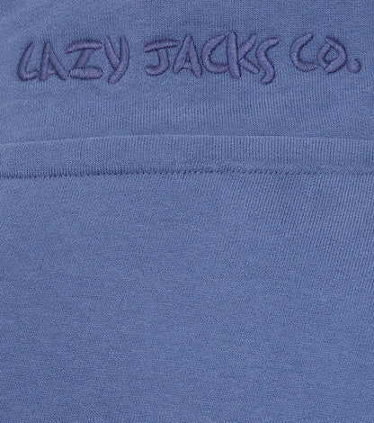 Close-up of blue Lazy Jacks womens Porthleven print sweatshirt with embroidered brand logo