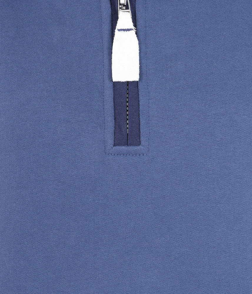 Close-up of blue Lazy Jacks womens Porthleven print sweatshirt with white and navy zipper detail