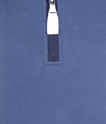 Close-up of blue Lazy Jacks womens Porthleven print sweatshirt with white and navy zipper detail