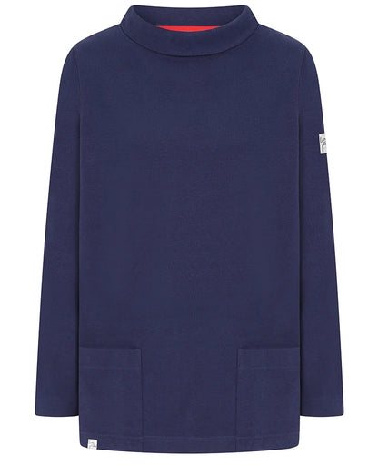 Lazy Jacks womens roll neck sweatshirt in navy blue with long sleeves and front pockets