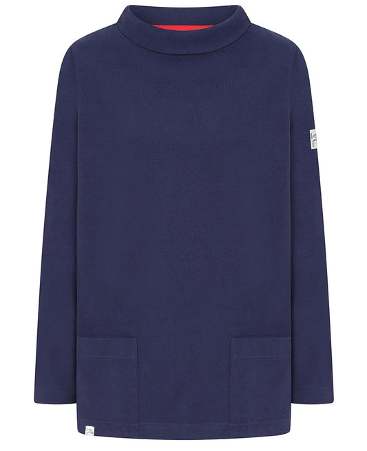 Lazy Jacks womens roll neck sweatshirt in navy blue with long sleeves and front pockets
