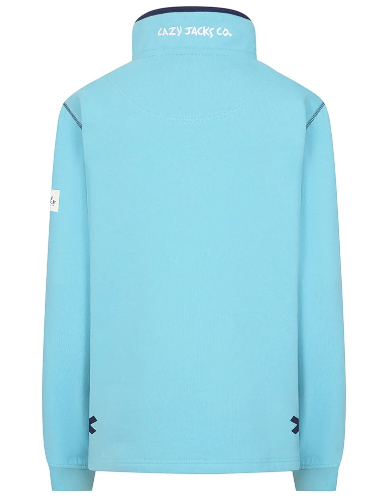 Back view of a Lazy Jacks womens sweatshirt in light blue with a comfortable fit and stylish design