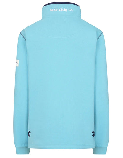 Back view of a Lazy Jacks womens sweatshirt in light blue with a comfortable fit and stylish design