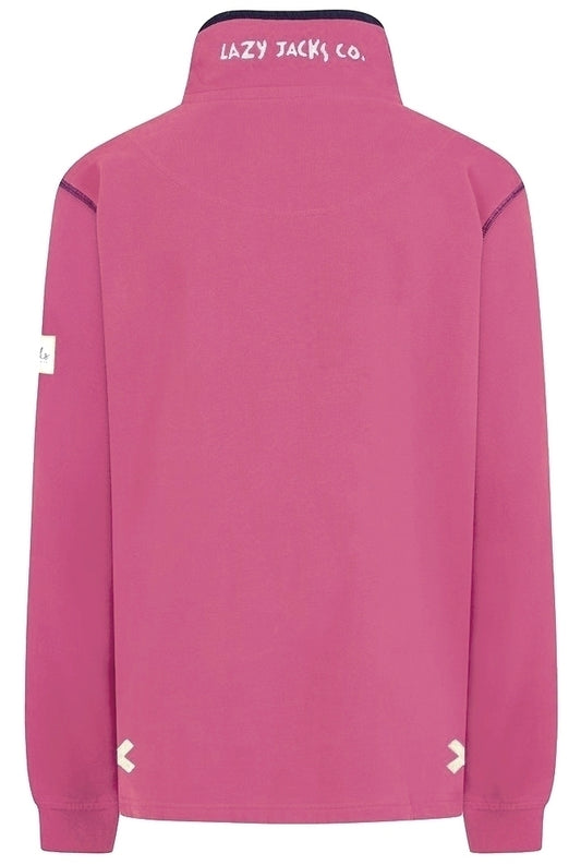 Back view of Lazy Jacks womens sweatshirt in vibrant pink with logo and relaxed fit
