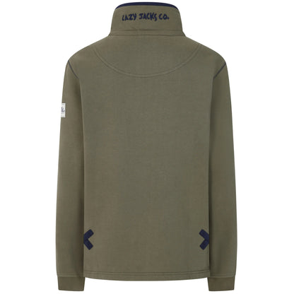 Back view of Lazy Jacks womens sweatshirt khaki with high collar and navy logo embroidery
