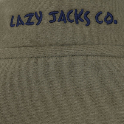 Close-up of Lazy Jacks womens sweatshirt khaki fabric with navy embroidered logo detail
