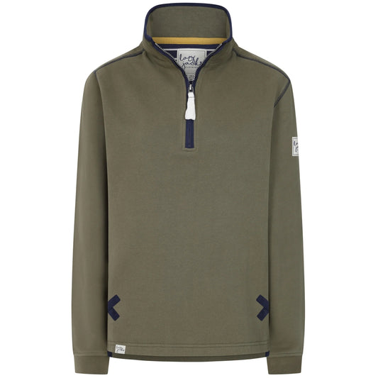 Lazy Jacks womens sweatshirt khaki with quarter zip and navy trim details