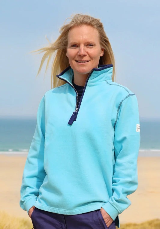 Lazy Jacks womens sweatshirt in light blue with a half-zip design, perfect for casual outings