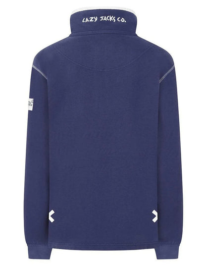 Lazy Jacks womens sweatshirt Twilight in navy blue with collar and logo detail on the back