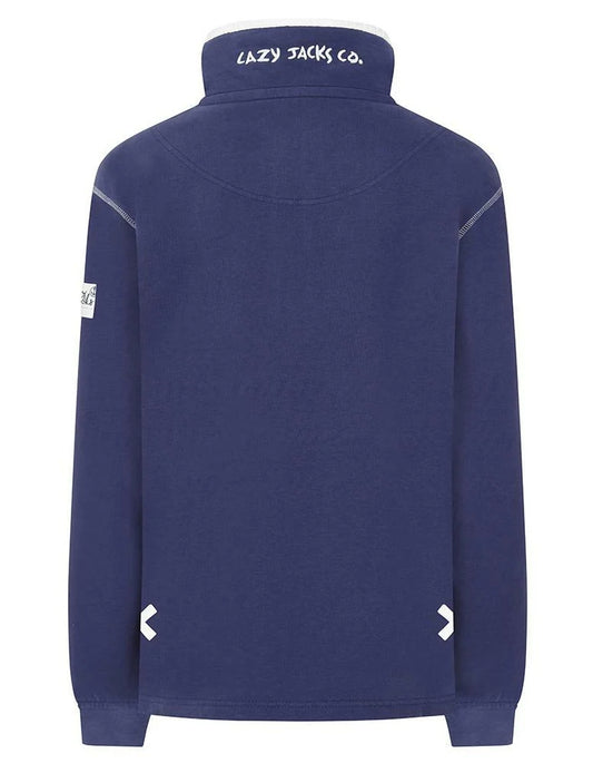 Lazy Jacks womens sweatshirt Twilight in navy blue with collar and logo detail on the back