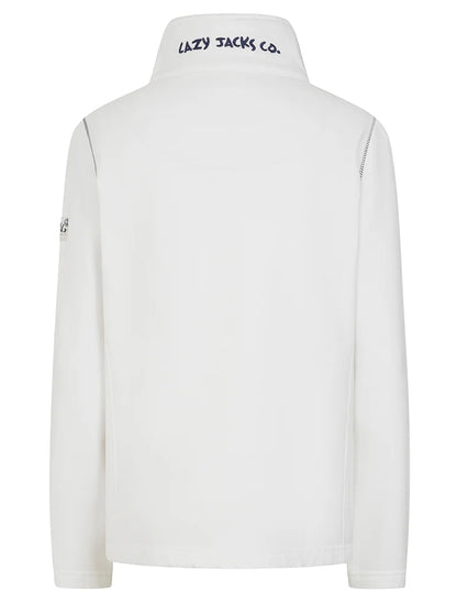 Lazy Jacks womens sweatshirt white with high collar and logo embroidered on the back collar