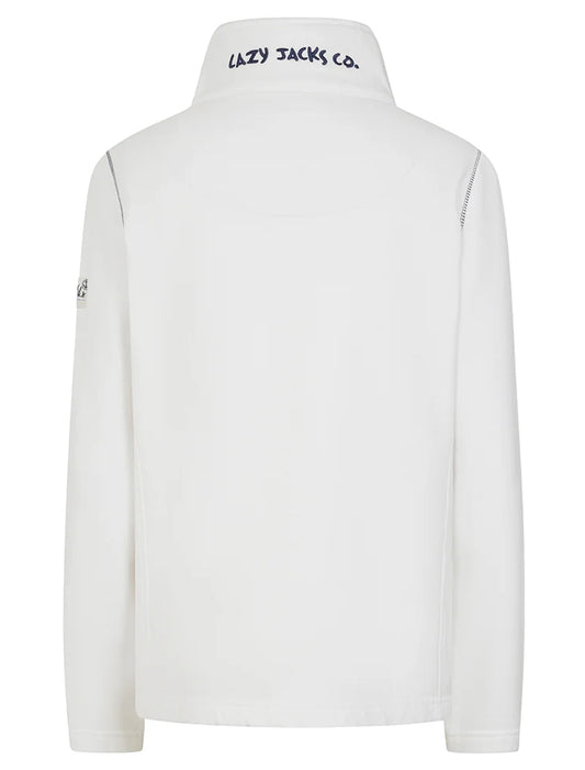 Lazy Jacks womens sweatshirt white with high collar and logo embroidered on the back collar