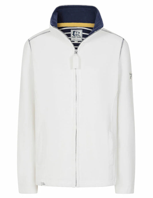 Lazy Jacks womens sweatshirt white with full zip and navy collar detail