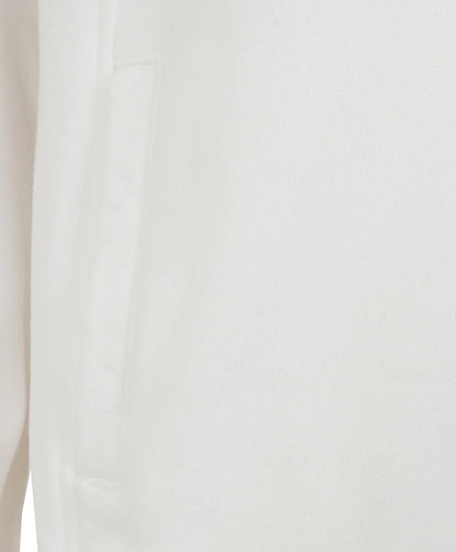Close-up view of the pocket and fabric texture on a Lazy Jacks womens sweatshirt white