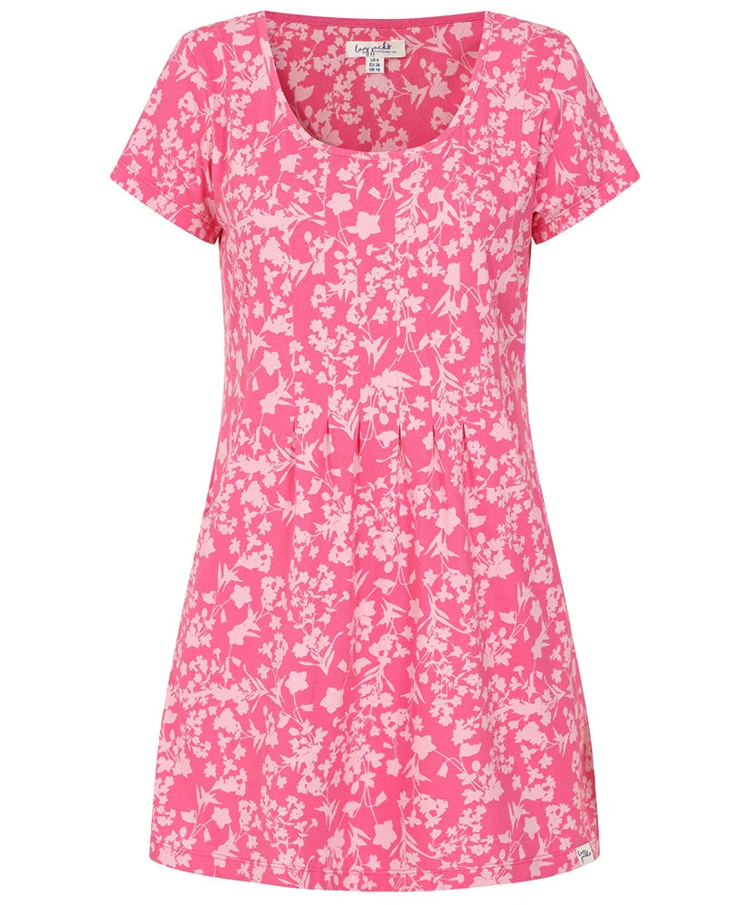 Women's short sleeve floral print tunic in pink from Lazy Jacks.