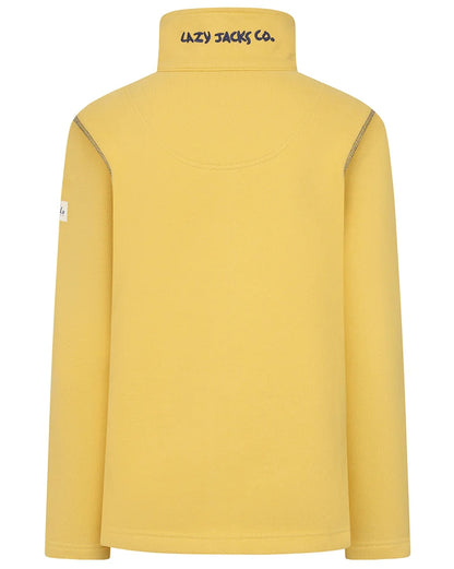 Lazy Jacks womens yellow zip sweatshirt showing the back with high collar and logo detail