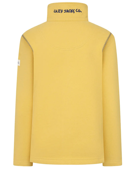 Lazy Jacks womens yellow zip sweatshirt showing the back with high collar and logo detail