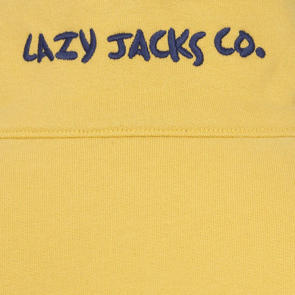 Close-up of Lazy Jacks womens yellow zip sweatshirt with navy blue embroidered logo detail