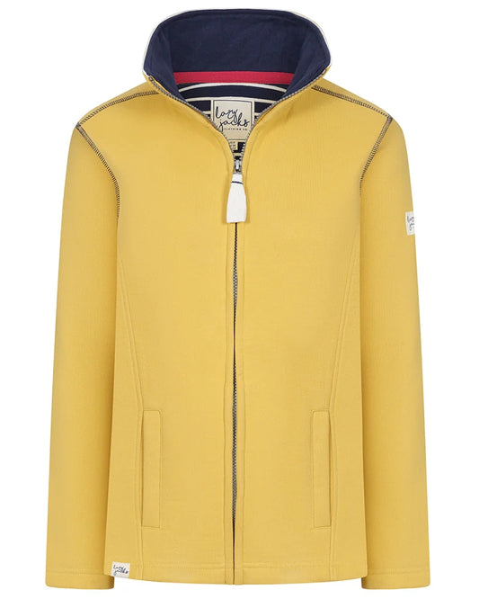 Lazy Jacks womens yellow zip sweatshirt with navy collar and front pockets