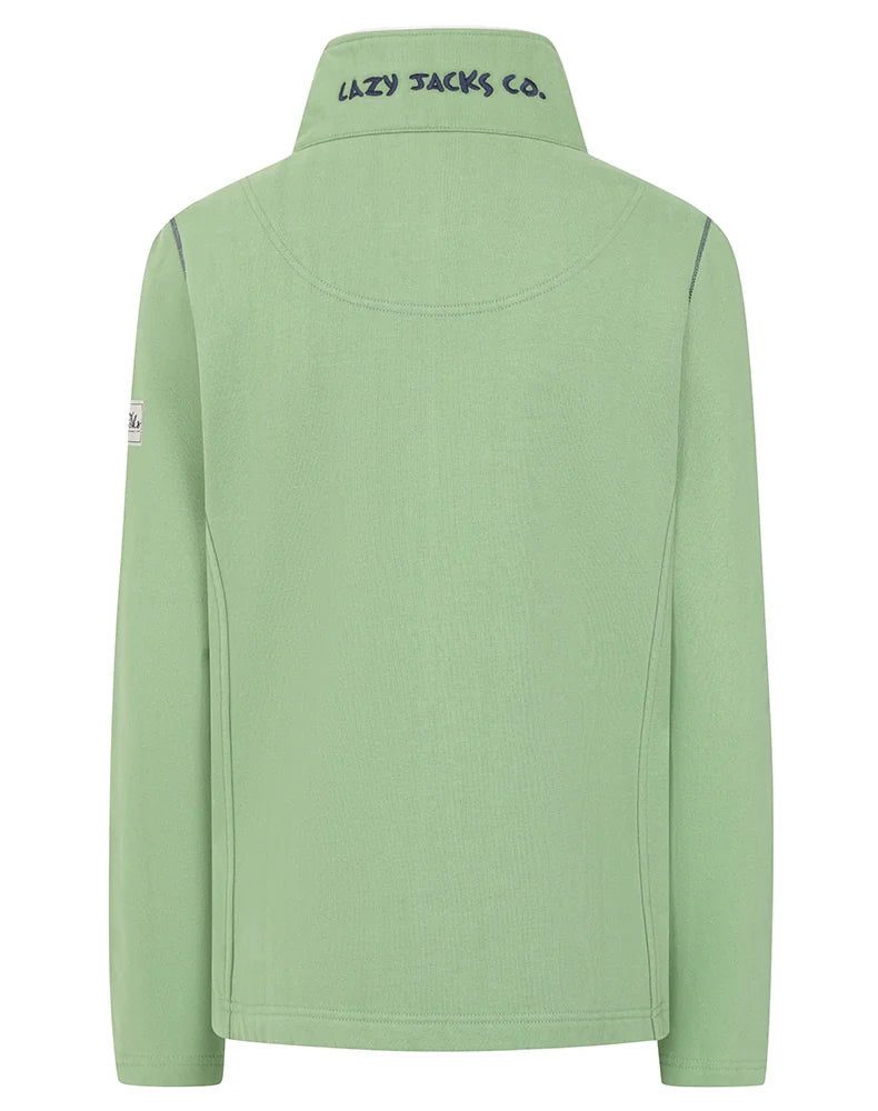 Back view of Lazy Jacks womens zip sweatshirt Green in light green with embroidered collar logo