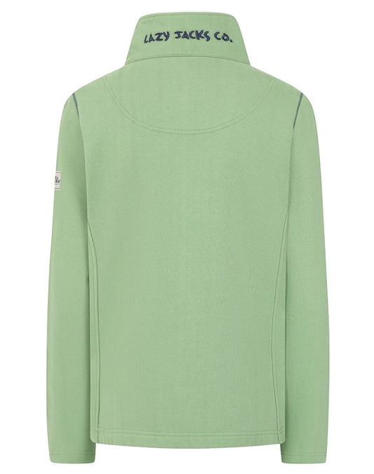 Back view of Lazy Jacks womens zip sweatshirt Green in light green with embroidered collar logo