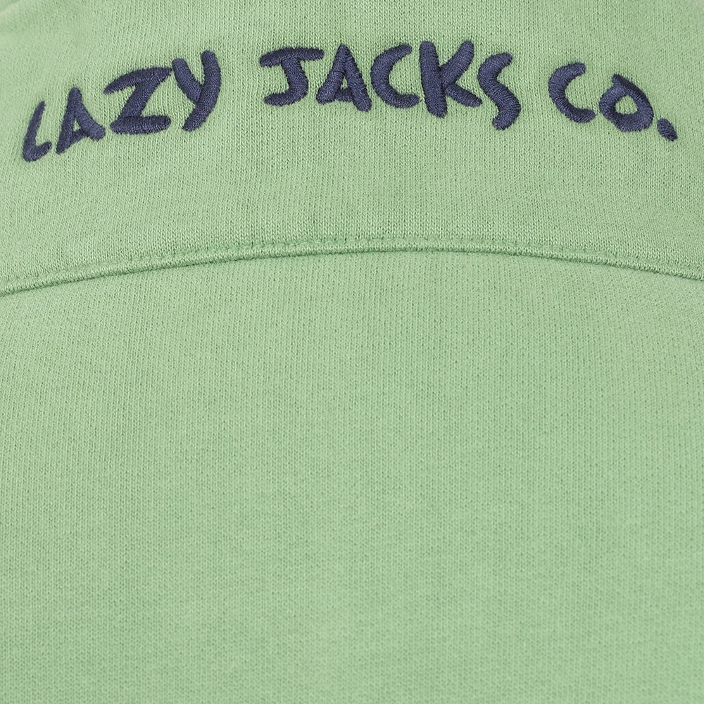 Close-up of green fabric with Lazy Jacks Co. embroidered logo on Lazy Jacks womens zip sweatshirt Green