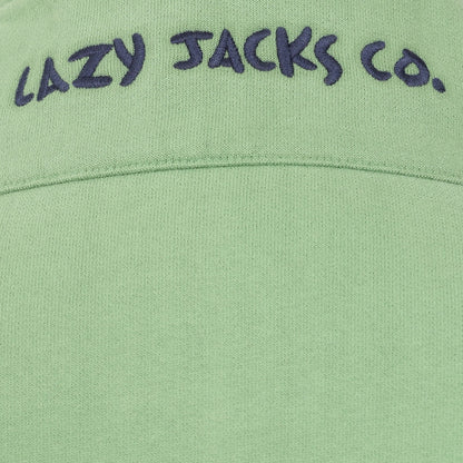 Close-up of green fabric with Lazy Jacks Co. embroidered logo on Lazy Jacks womens zip sweatshirt Green