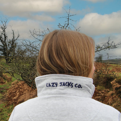 Back view of person wearing Lazy Jacks womens zip sweatshirt grey with embroidered logo on collar