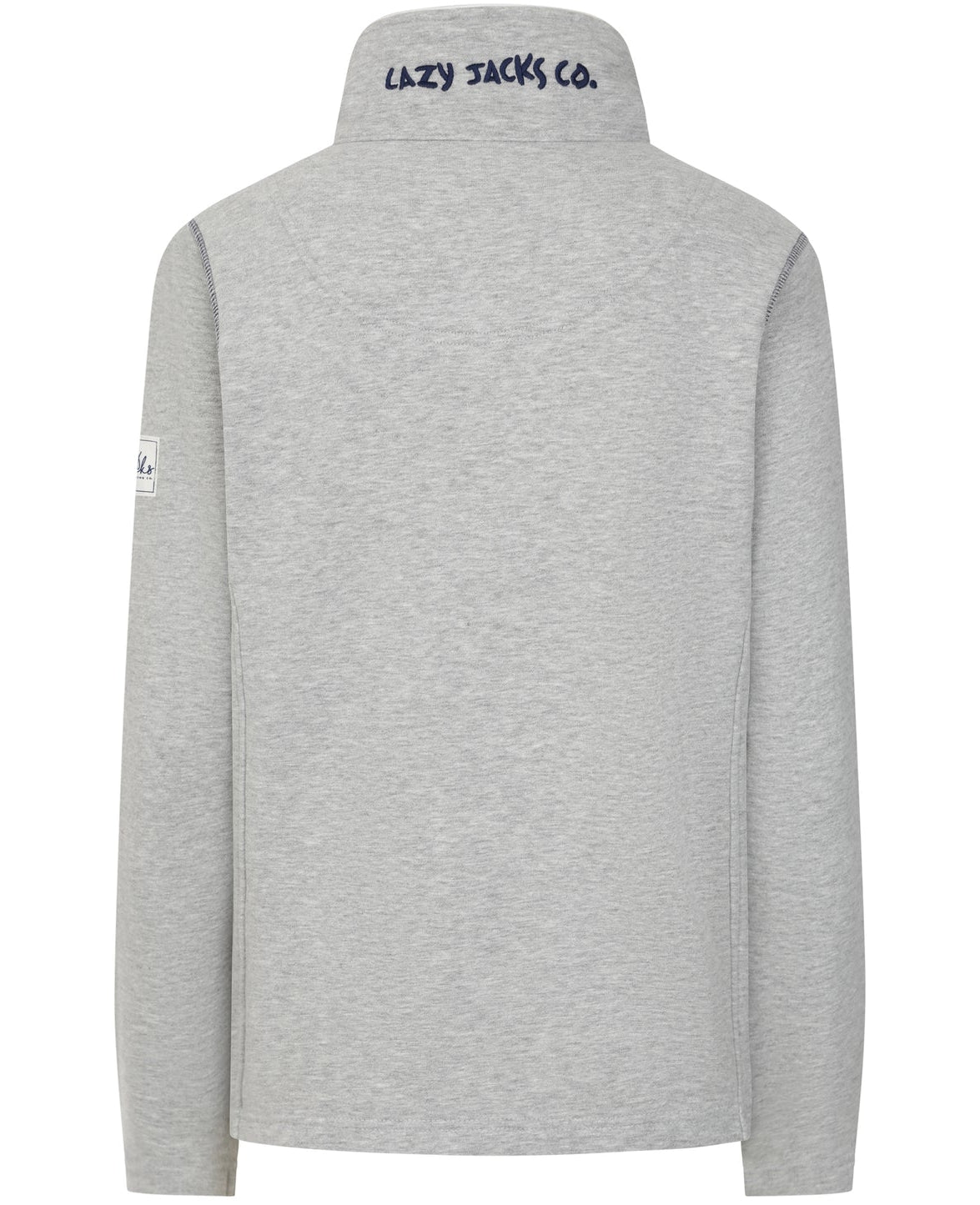 Back view of Lazy Jacks womens zip sweatshirt grey with high collar and logo embroidery