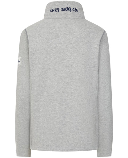 Back view of Lazy Jacks womens zip sweatshirt grey with high collar and logo embroidery