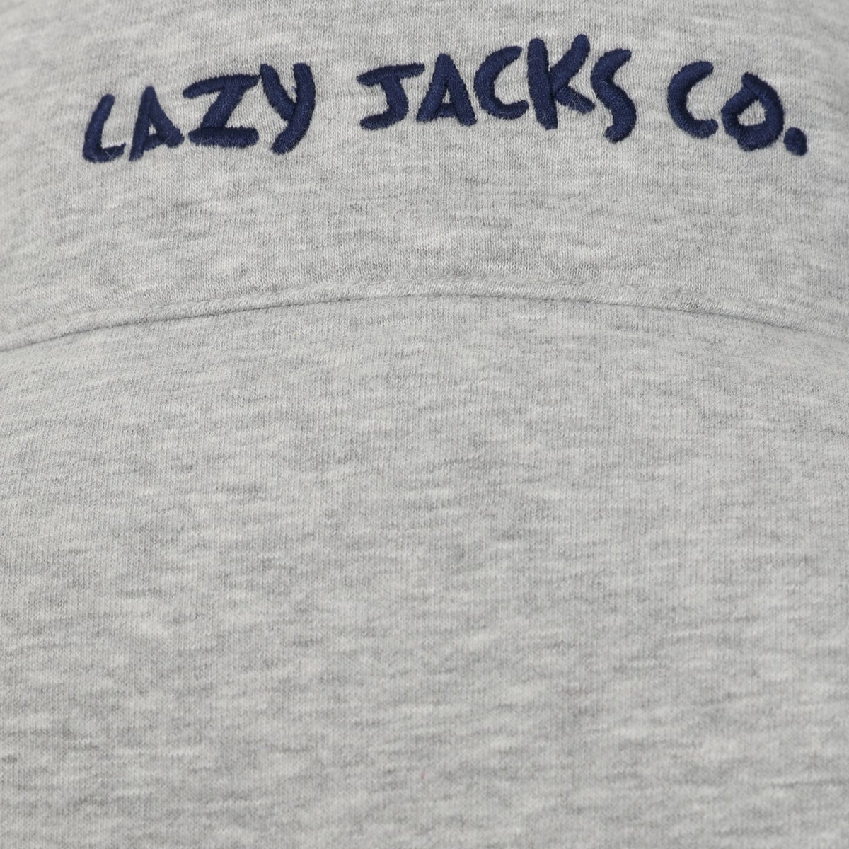 Close-up of Lazy Jacks womens zip sweatshirt grey showing embroidered logo on soft fabric