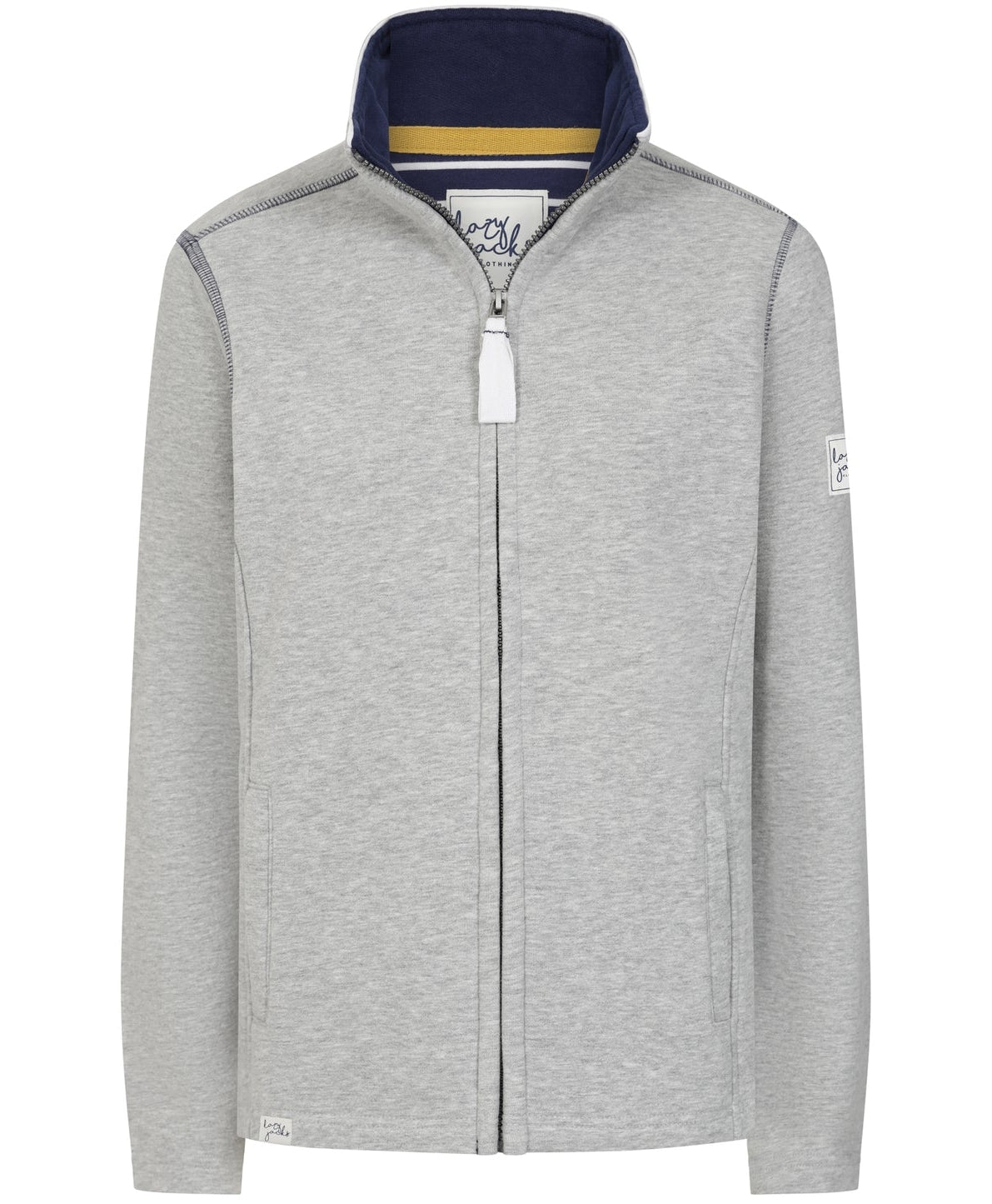 Lazy Jacks womens zip sweatshirt grey with full front zipper and navy collar lining