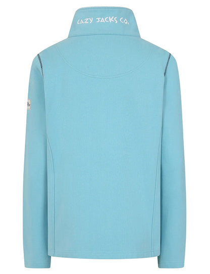 Back view of Lazy Jacks womens zip sweatshirt spearmint with embroidered collar logo and long sleeves