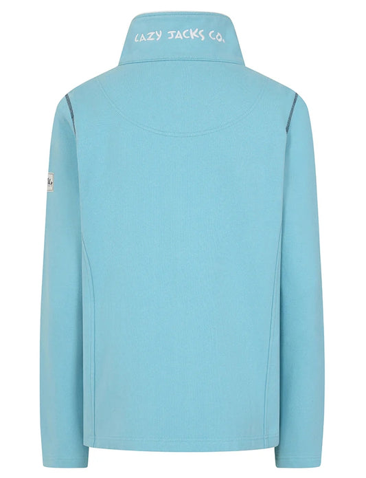 Back view of Lazy Jacks womens zip sweatshirt spearmint with embroidered collar logo and long sleeves