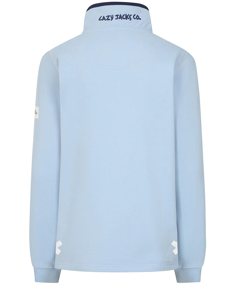 Lazy Jacks zip neck sweatshirt blue in a light blue color with a high collar and logo detail