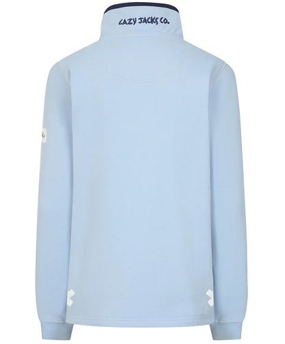 Lazy Jacks zip neck sweatshirt blue in a light blue color with a high collar and logo detail