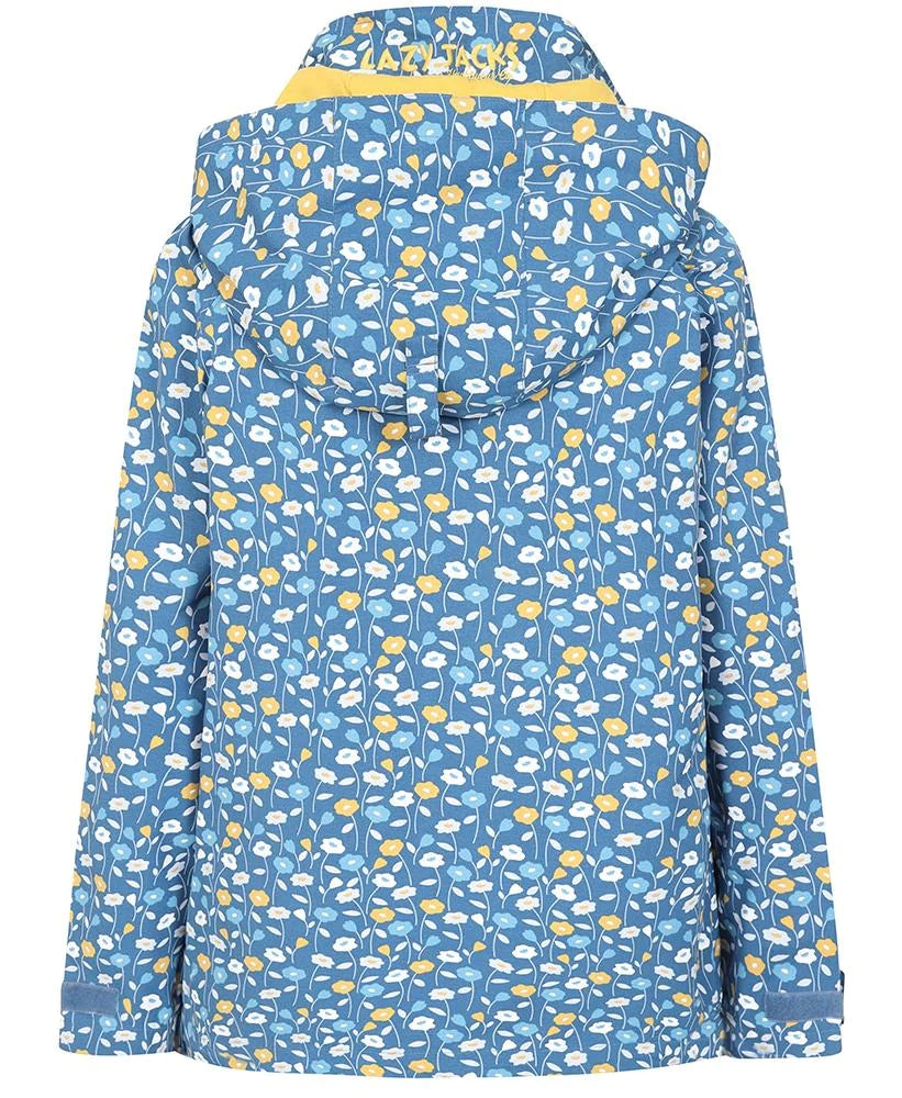 Women's printed Lazy Jacks waterproof jacket in blue with a white, yellow and light blue floral Daisy pattern.