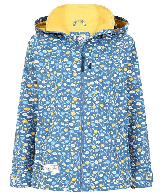 Lazy Jacks women's LJ45P waterproof jacket in blue with a yellow, white and lighter blue floral Daisy print.