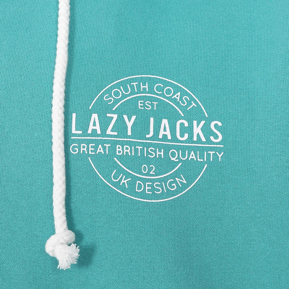 Men's Lazy Jacks popover hoodie in Jade with printed logo.