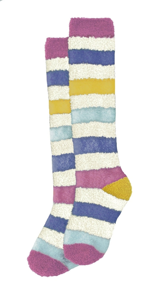 Lazy Jacks Kids fluffy knee length socks in chalk white with a multicoloured stripe pattern. 