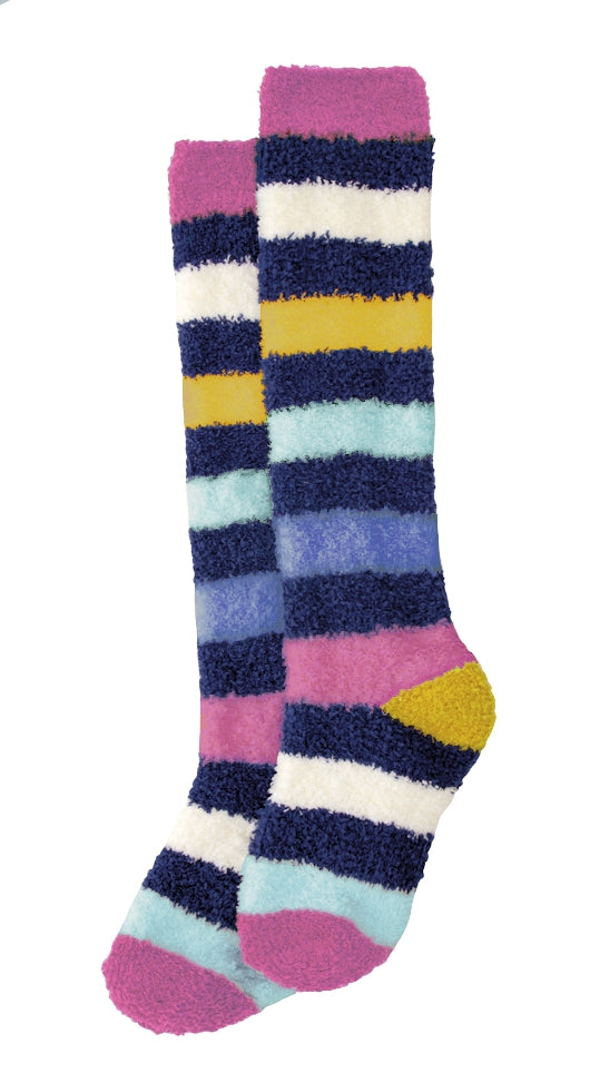 Lazy Jacks Kids fluffy knee length socks in twilight with multicoloured stripe pattern. 