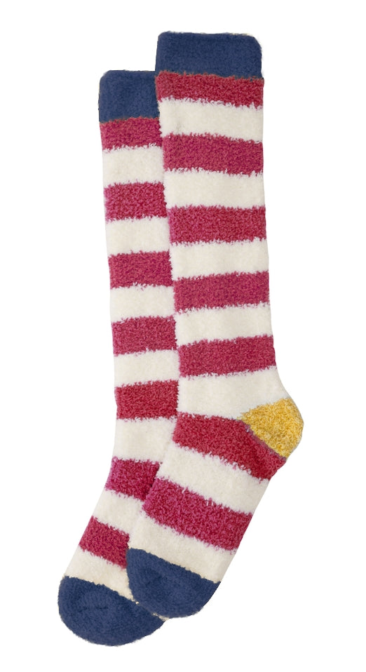 Lazy Jacks Kids fluffy knee length socks in a red and white stripe pattern. 