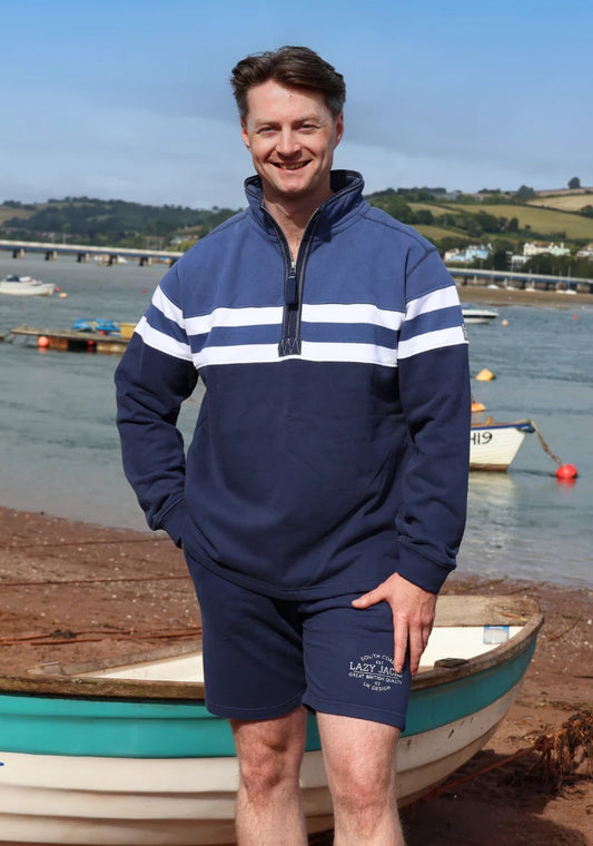 Lazy Jacks Mens LJ51 Block Stripe 1/4 Zip Sweatshirt - Denim Blue